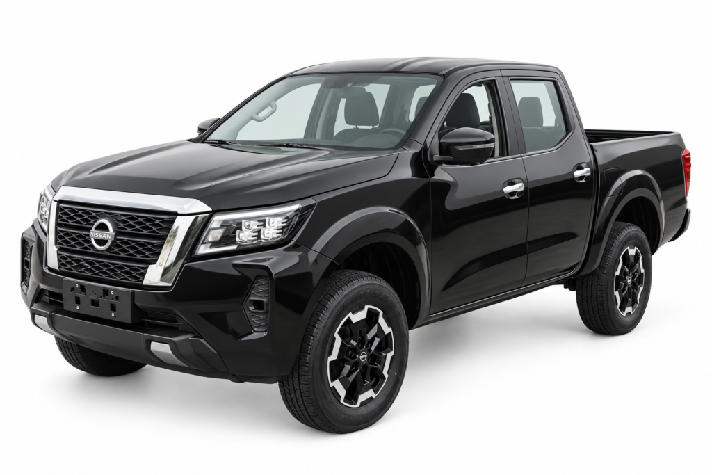 New black Nissan Navara double-cab pickup on a white background