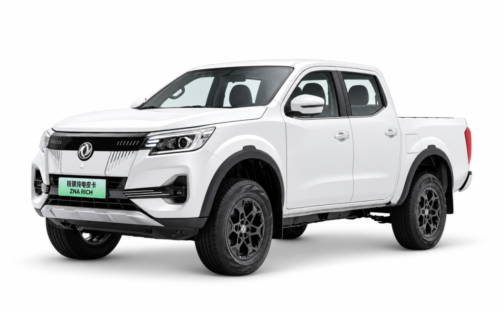 Front-left view of a new white ZNA Rich 7 EV battery-electric pickup on a white background