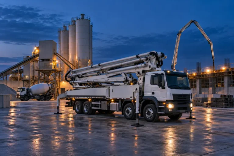 Concrete pump truck at a batching plant, representing concrete machinery sourcing