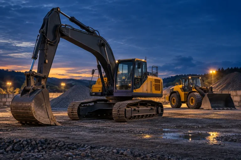 Excavator and wheel loader at a jobsite, representing earthmoving equipment sourcing