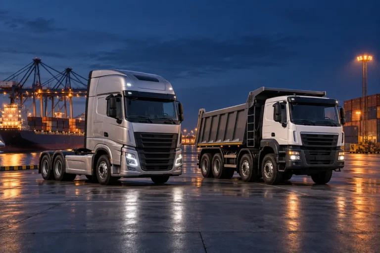 Heavy commercial trucks at a port yard, representing commercial vehicle sourcing