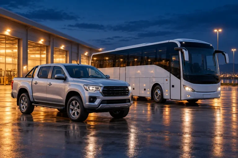 Pickup truck and coach bus, representing pickup truck and bus sourcing