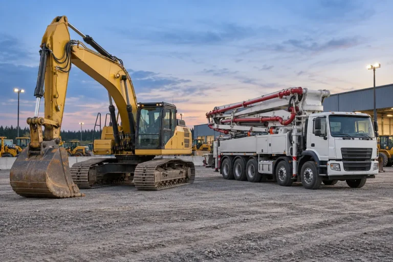 Used excavator and concrete pump truck at a jobsite, representing used equipment availability