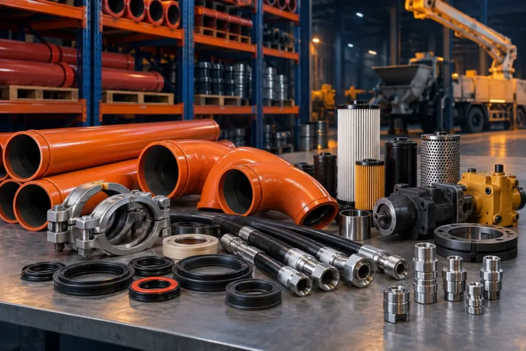 Concrete pump pipes, hydraulic hoses and fittings, representing spare parts sourcing